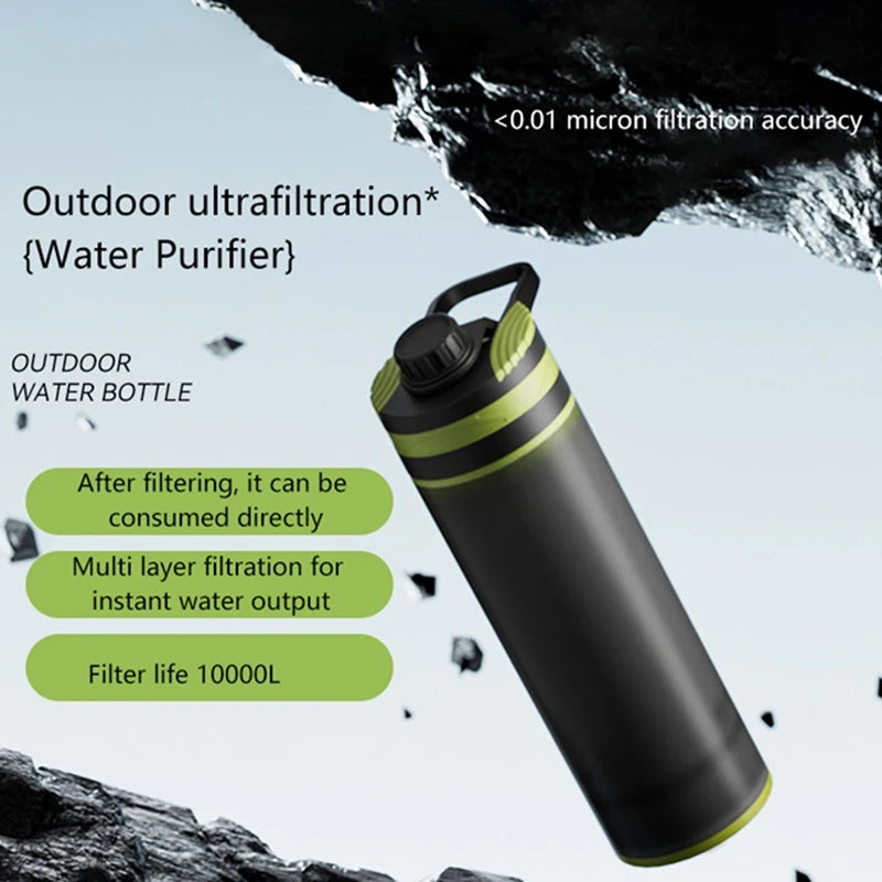Botella con filtro de agua de supervivencia: 800 ml, sin BPA, para acampar y emergencias